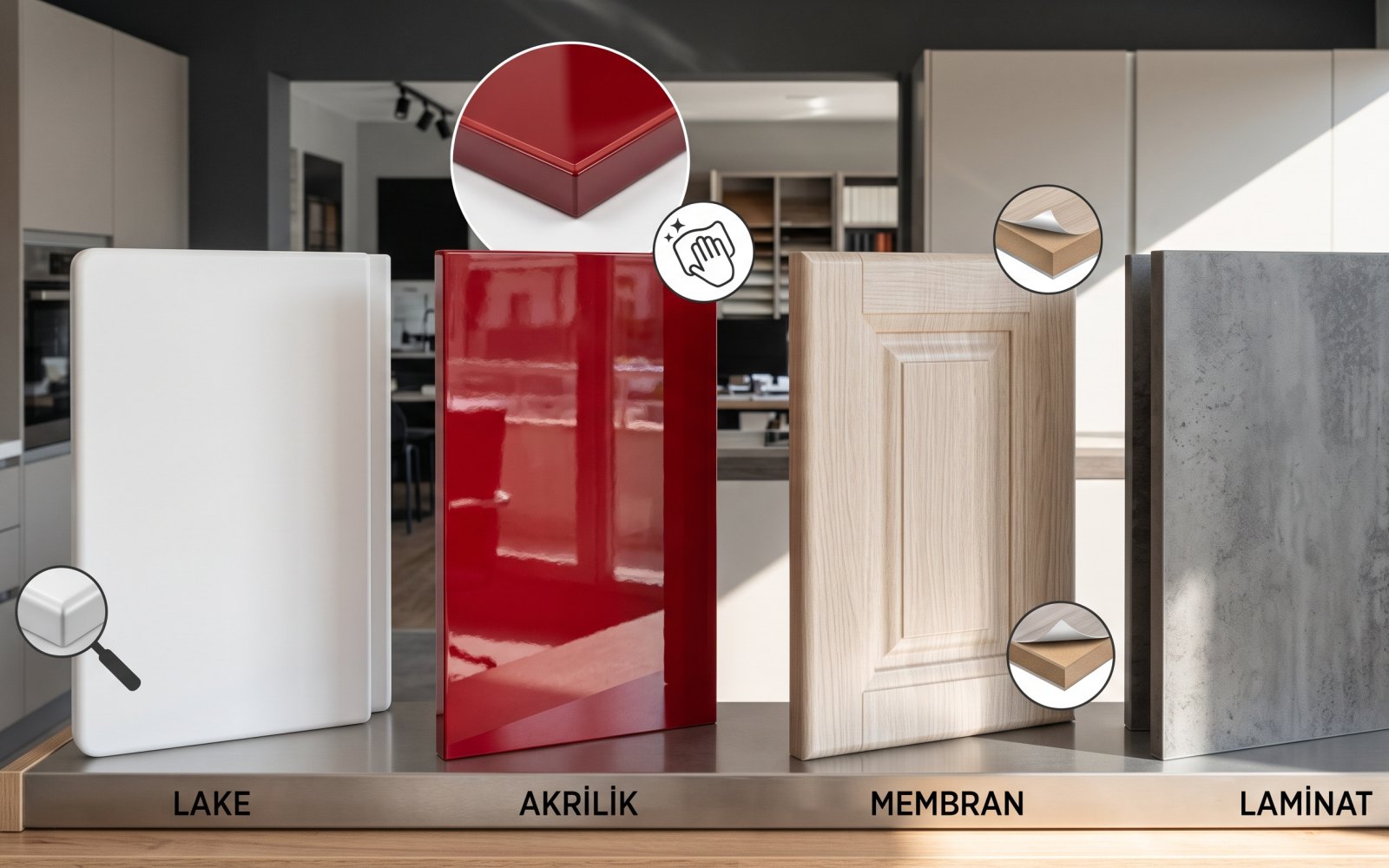 Mutfak dolabı kapak seçimi: lake, akrilik, membran ve laminat farkı